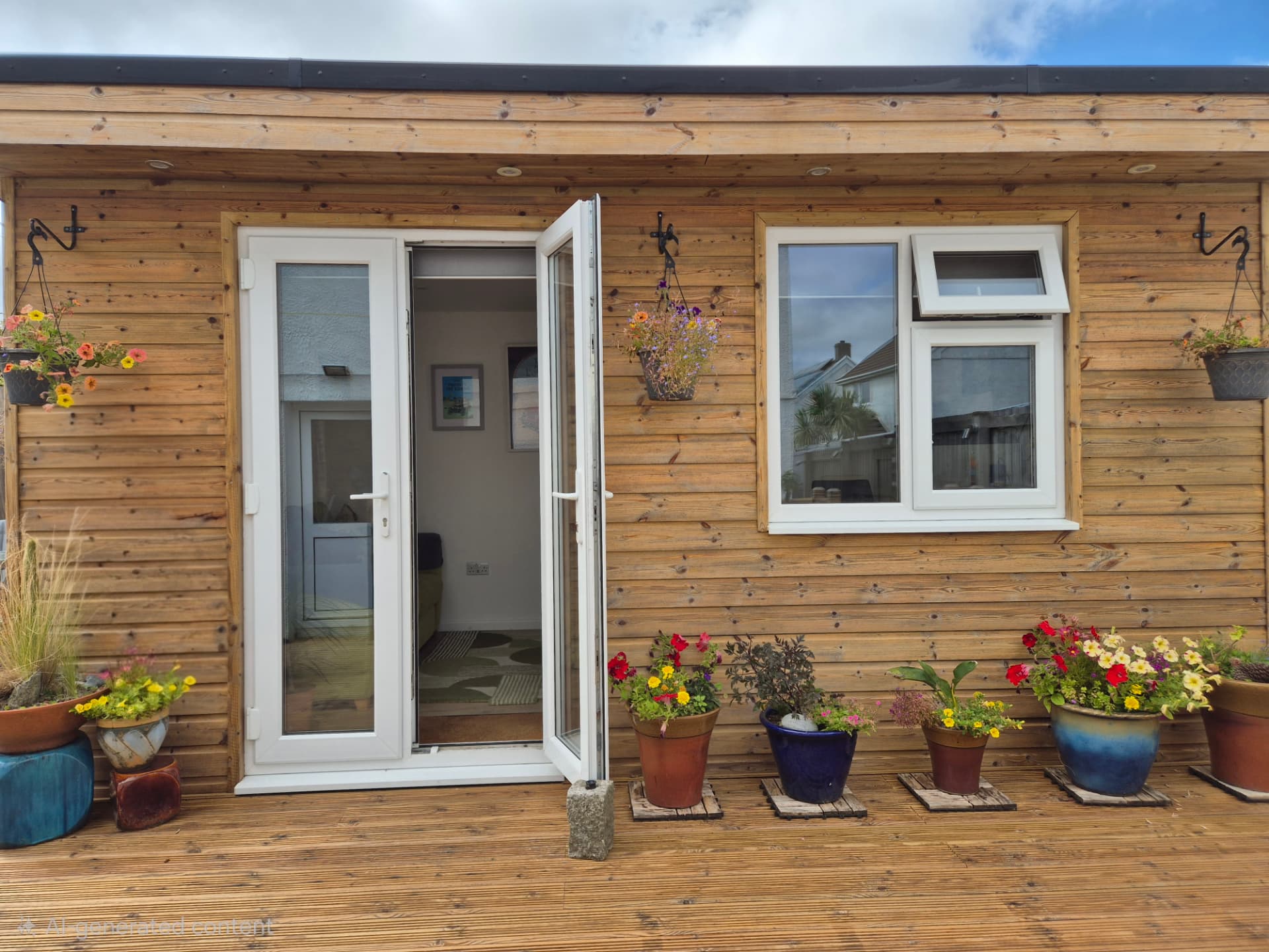 The Helston counselling studio — a timber garden room with hanging baskets and potted flowers on a decked terrace