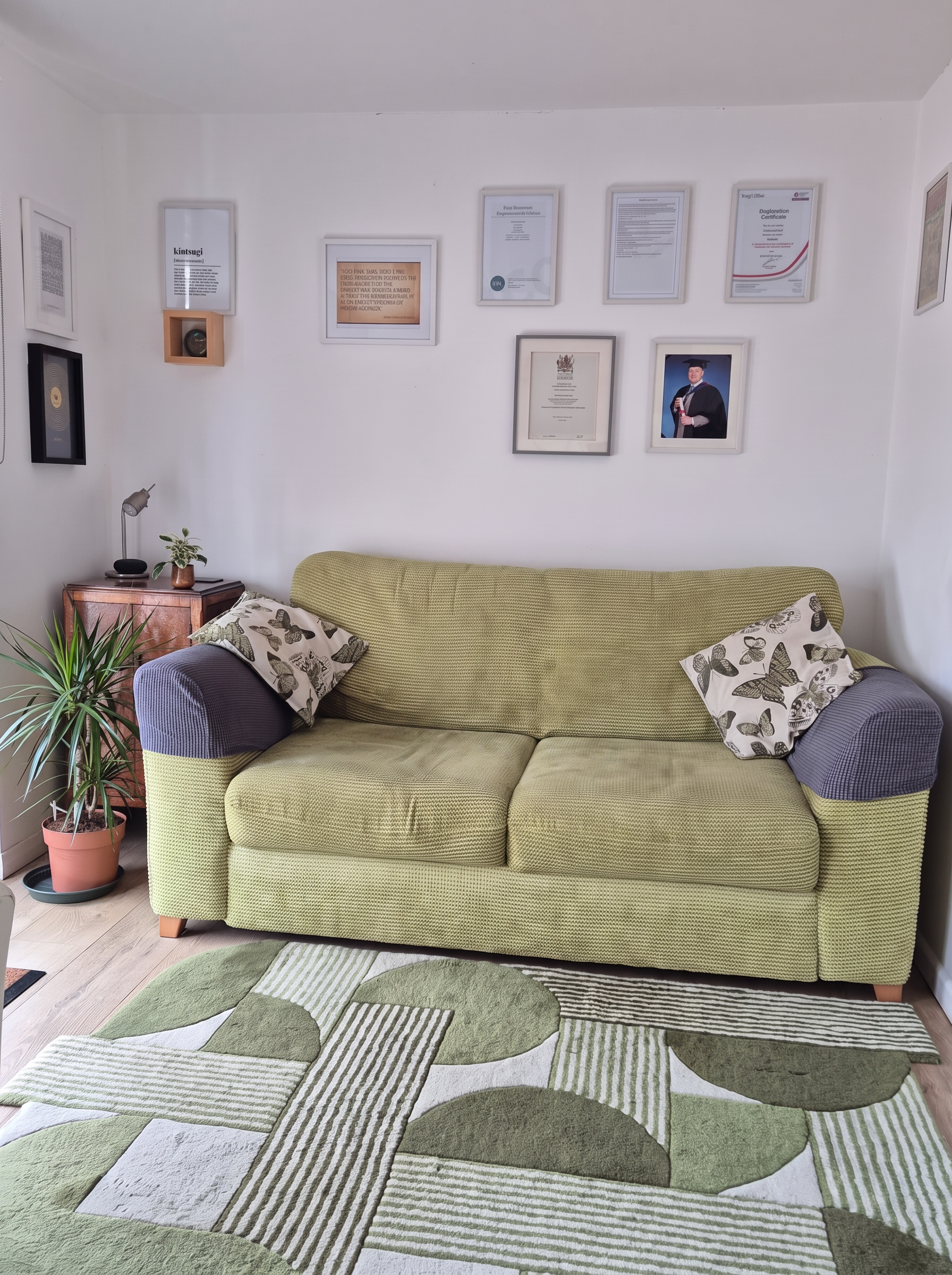 Inside the Helston studio — a green sofa with butterfly-print cushions, plants and framed certificates on the wall